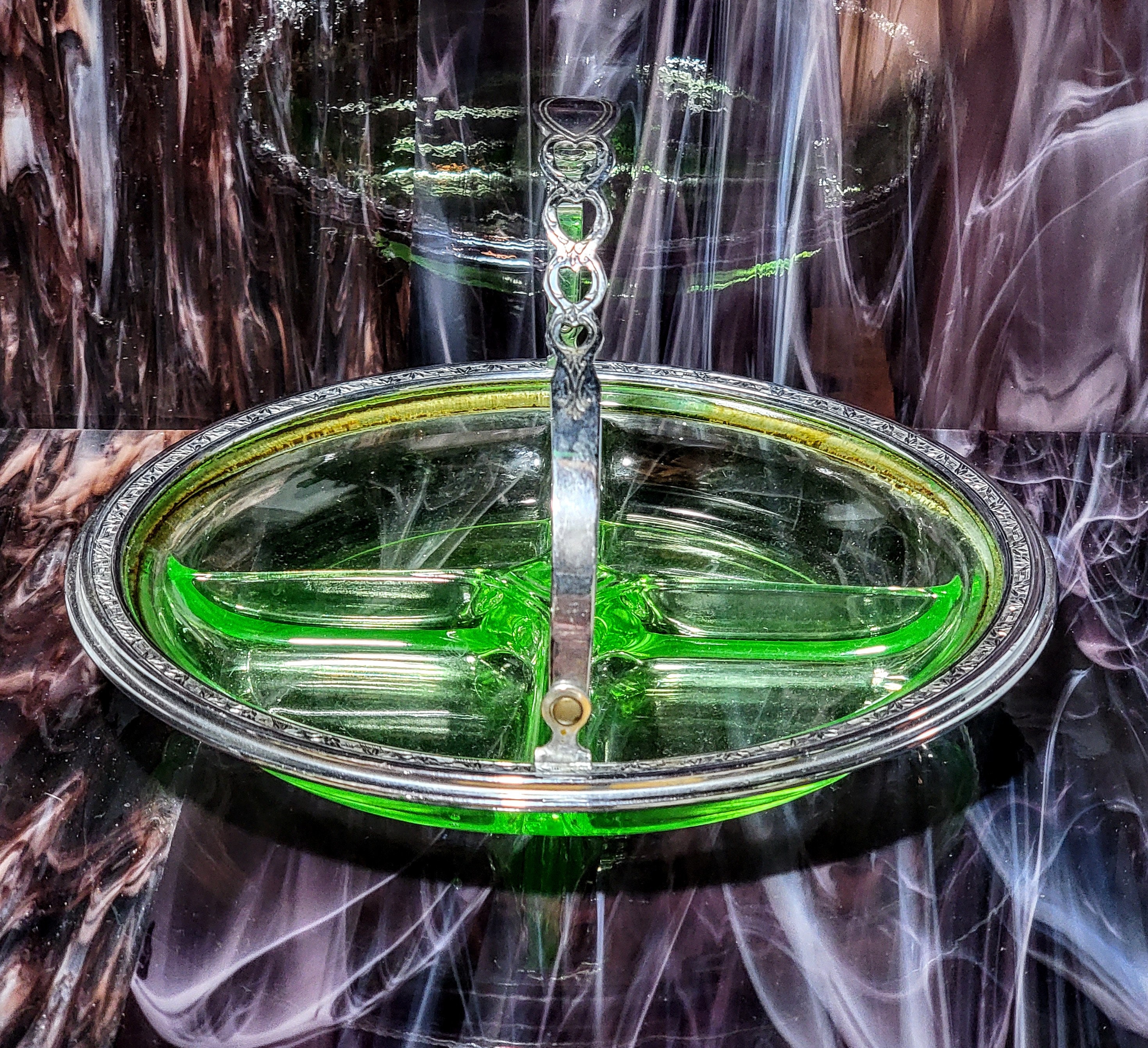 Vintage Uranium Glass Divided Candy Relish Dish With Chrome Holder 