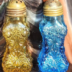 Antique EAPG Central Glass Company Art Glass No 782 Corner Medallion Salt Pepper Sugar Shakers Pair With Metal Lids Circa 1880&#39;s