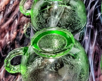 Vintage Hazel Atlas Green Depression Glass Cups, Florentine Poppy
