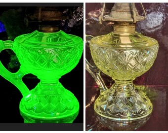 Antique EAPG Uranium Vaseline Glass King Son Co No 25 Canary Diamond And Fan Oil Chamber Hand Footed Lamp Pie Crust Chimney Circa 1885