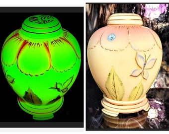 Vintage Fenton Uranium Burmese Art Glass Three Piece Ginger Jar Circa 2000 Hand Painted Daisy Petals 22 Gold Leaves Ladybug  Circa 2000's