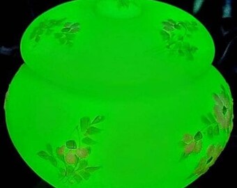 Vintage Fenton Uranium Satin Custard Glass  Hand Painted Flowers Signed By Artist Lidded Bowl Circa 1970s