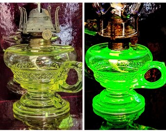 Antique EAPG Uranium Adams No 85 Aquarius Pattern Vaseline Canary Glass Oil Footed Round Base Chamber Hand Lamp Pie Crust Chimney Circa 1885