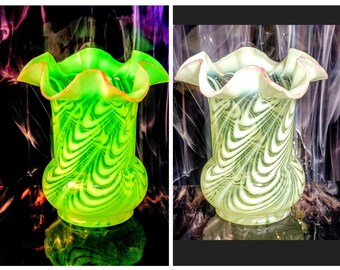 Antique Vaseline Uranium Opalescent Northwood Company Blown Twist Art Glass Celery Vase Ruffled Rubina Edge Circa 1903