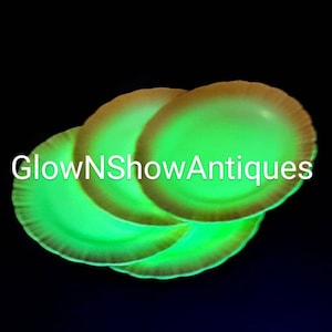 Vintage Uranium Depression Glass Fire King Vitrock glass by Anchor Hocking Lotus Leaf and Blossom Plate and Bowl Sets CIRCA 1940s