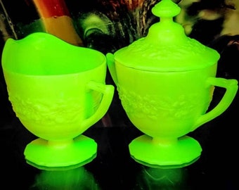 Vintage Uranium Opaque French Ivory Custard Glass Flower and Leaf Band by Indiana Glass Company Covered Sugar and Creamer Set CIRCA 1933