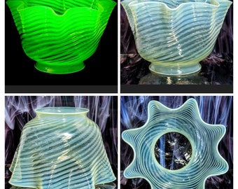 Antique 20th Century Vaseline Uranium Blown Art Glass Lamp Shade Opalescent Bars Ribbon Edge Lamp Shade Unknown Maker Circa 1900's