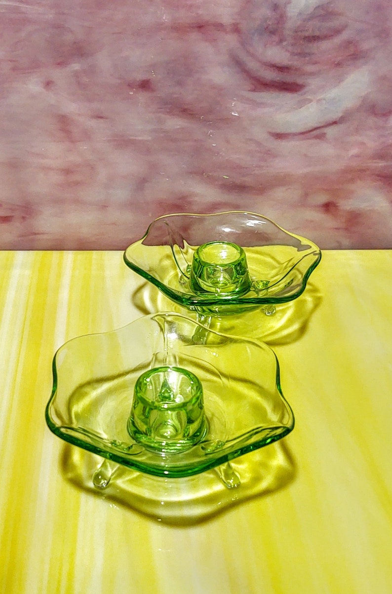 CIRCA 1930 Set of two Antique Fostoria green VaselineUranium candle holders