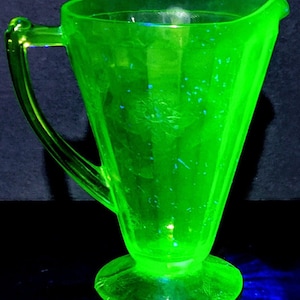 Jeanette Glass Vintage Green Depression Glass Footed Pitcher Floral Poinsettia Design CIRCA 1930s