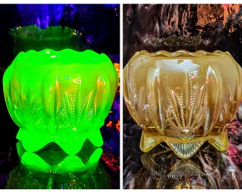 Vintage Fenton Experimental Uranium Art Glass Irridized Cased Opalescent Footed Irridized Rose Bowl Return To W.C. Fenton Label Circa 1980s