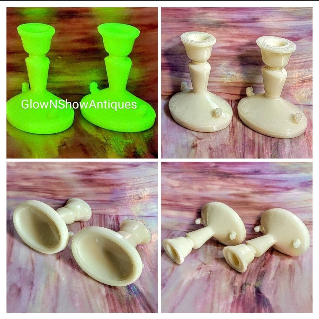 Vintage Uranium Glass Candlestick Set Mckee French Ivory Laurel