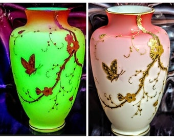 Antique Bohemian Czechoslovakian Uranium Peach Blow Cased Glass Butterfly Flower Vine Hand Laid Gold Enamled Pedestal Vase CIRCA 1900's