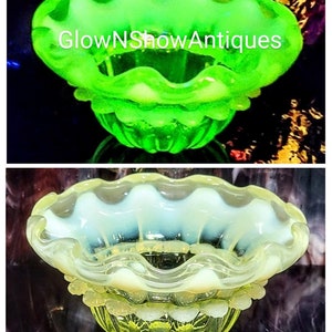Antique Victorian English Uranium Vaseline Opalescent Worked Pinch Press Art Glass Meats Brides Bowl Basket Circa 1890&#39;s