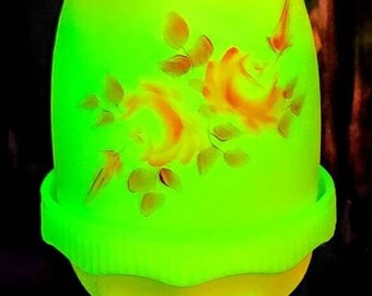 Vintage Fenton Uranium Burmese Glass Fairy Lamp Hand Painted Roses and Signed by K Haught CIRCA 1970s