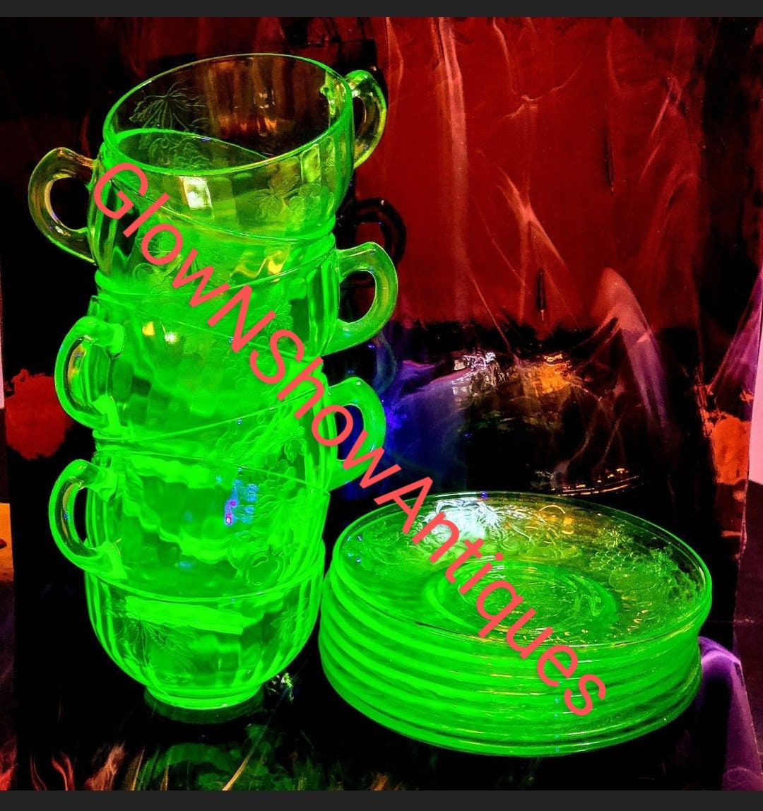 Vintage Hazel Atlas Uranium Glass Cup and Saucer Set CIRCA 1930s