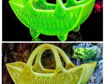 Antique Geo Davidson & Company Uranium Vaseline Opalescent Press Worked English Art Glass Prince William Posey Basket RD. #217752 Circa 1893