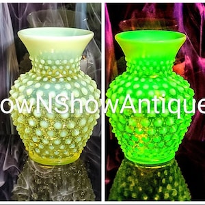 Vintage Large Fenton Vaseline Uranium Art Glass Topaz Opalescent Flared Neck Bulbous Hobnail Vase Circa 1960&#39;s