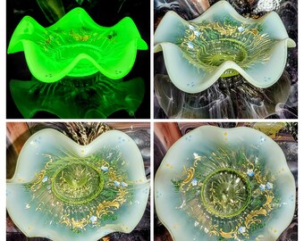 Antique Czechoslovakian Vaseline To Opalescent Footed Ruffle Edge Hand Enamled Flowers Gilded Gold Uranium Glass Twisted Bowl Circa 1920s