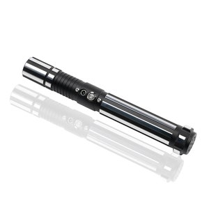 May include: A black and silver lightsaber with a textured grip and a silver button on the side. The lightsaber has a black tip and a silver band around the middle.