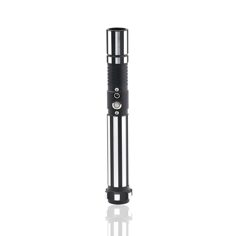 May include: A black lightsaber with silver accents and a button on the side. The lightsaber is on a white background.
