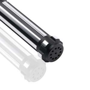 May include: A black and silver metal pen with a black cap and a silver barrel. The cap has a circular pattern of holes.