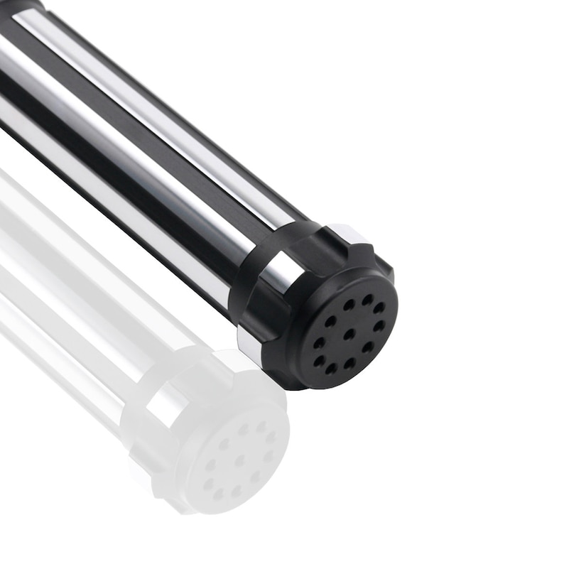 May include: A black and silver metal pen with a black cap and a silver barrel. The cap has a circular pattern of holes.