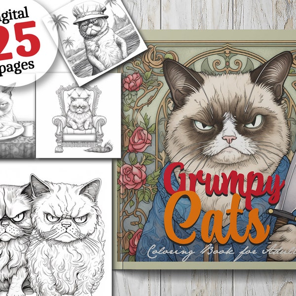 Grumpy Cats Coloring Book for Adults digital  funny Cats Coloring Pages printable | grumpy cats Coloring Book digital grayscale