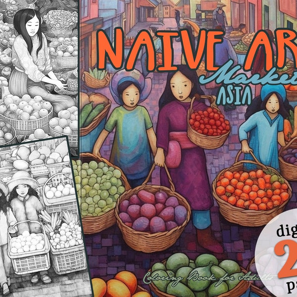 Naive Art Coloring Book printable Naive Painting Coloring Book digital | asian market coloring book download | food market grayscale digital