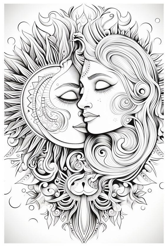 Sun Moon Stars Coloring Book for Adults mindfulness Inspirational Coloring  Book Printable Adult Coloring Pages Grayscale Download 35p 