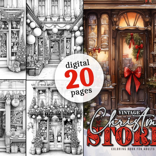 Vintage Christmas Store Coloring Book printable grayscale Christmas Shop Coloring pages digital | Vintage Coloring pages grayscale  download