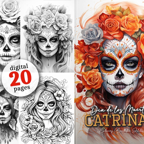 Dia de los Muertos Catrinas Coloring Book printable Grayscale Sugar Skulls Coloring pages digital | Halloween Coloring Pages download 20p.
