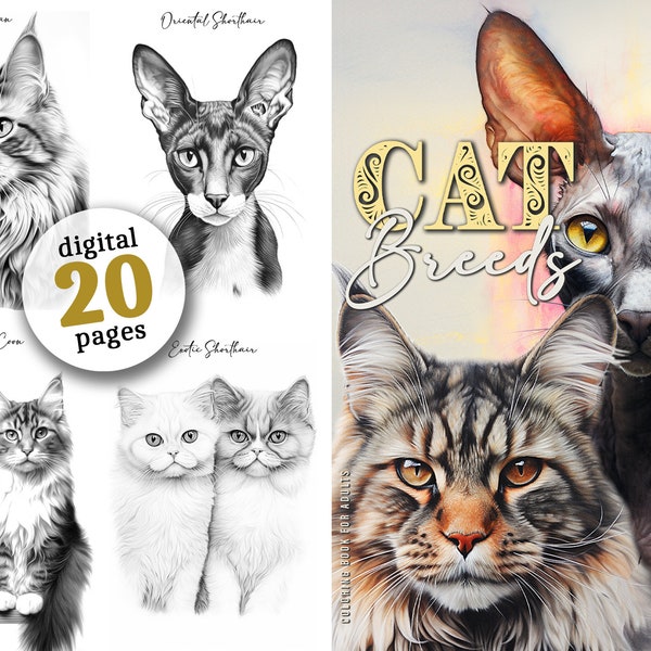 Cat Breeds Coloring Book printable grayscale cats Coloring Book | cat Coloring pages digital | grayscale cats breed Coloring  Pages download