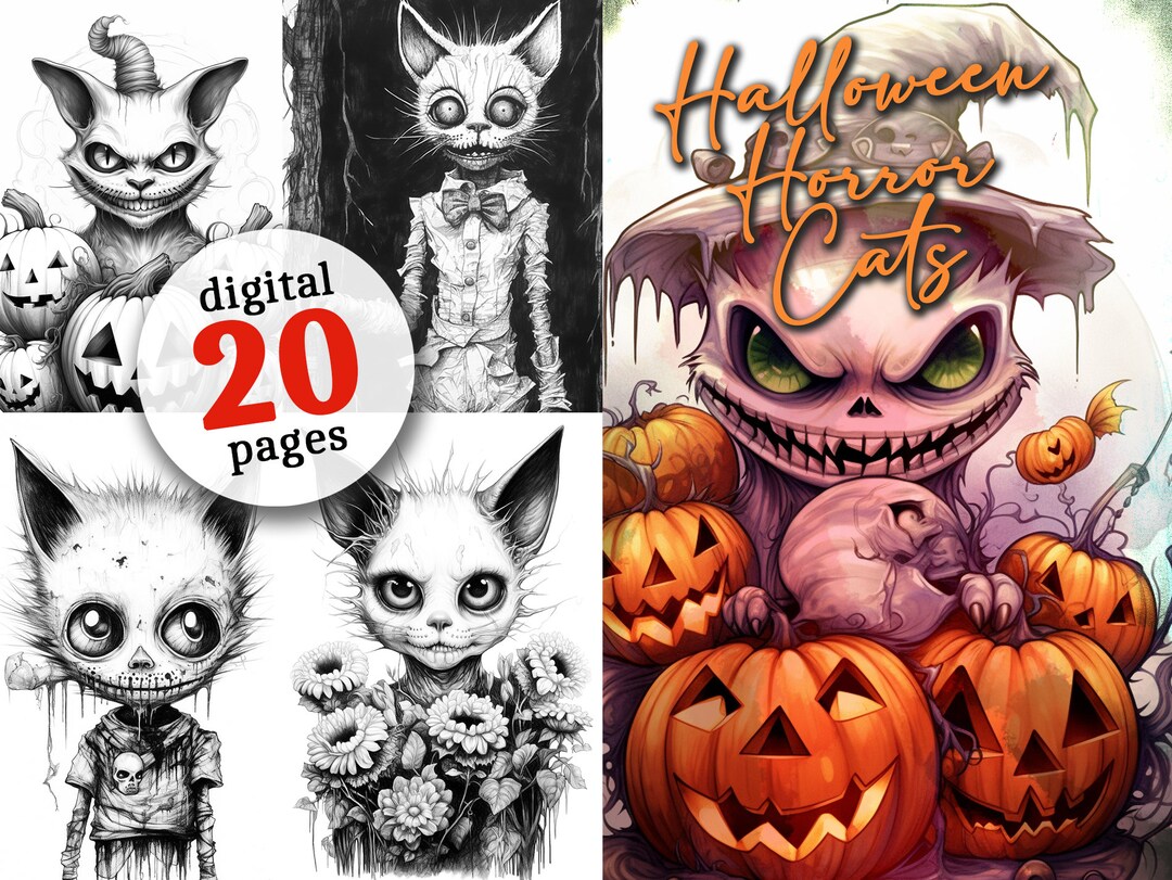 Halloween Horror Cats Coloring Book Printable Creepy Cats Grayscale ...