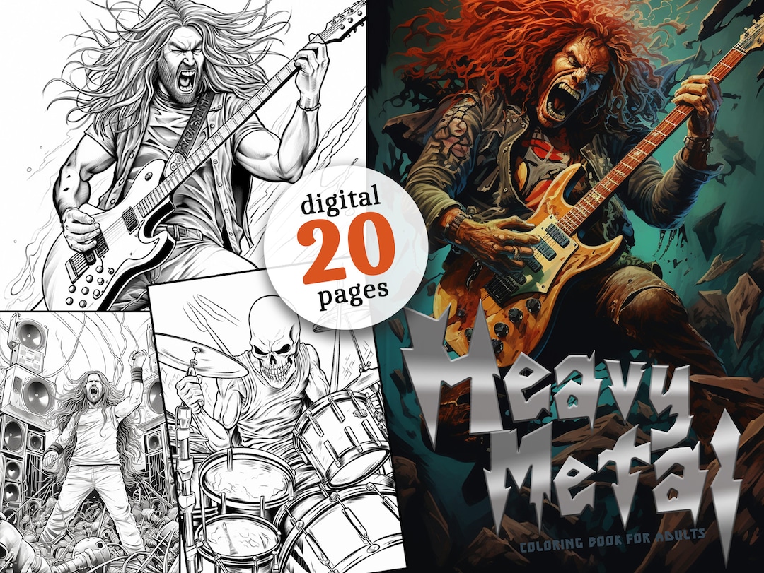 Grayscale Heavy Metal Coloring Book Printable Rocker Coloring Book Music Coloring Book Digital