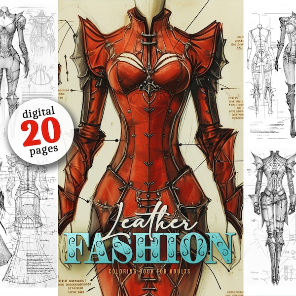 Leather Fashion Coloring Book printable grayscale fashion Coloring pages digital | Leather Fashion Sketches | Gothic Fashion Victorian