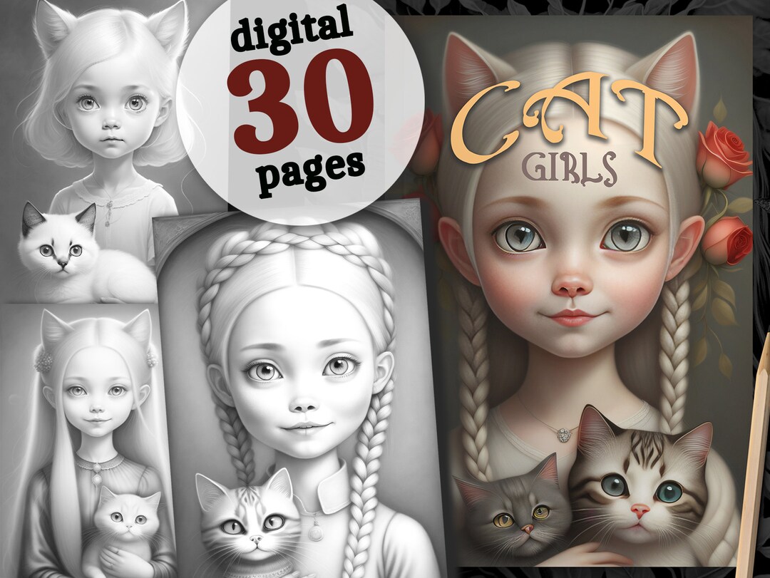 Catgirls Cat Coloring Book Printable Cats Coloring Pages Digital Cats ...