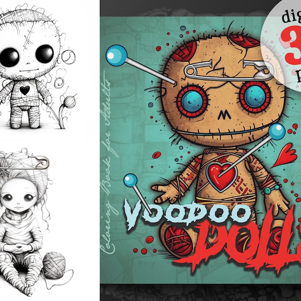 Voodoo Cute Dolls Coloring Book printable Puppet Coloring Book download  | Creepy Dolls Coloring Book -funny horror dolls digital download