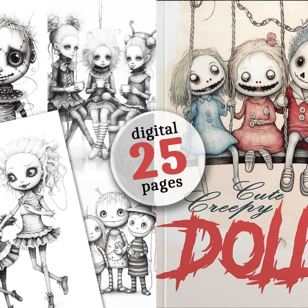 Livre de coloriage de jolies poupées effrayantes à imprimer - Pages à colorier de marionnettes numériques | Coloriages de Creepy Dolls | Téléchargement numérique en niveaux de gris 25p.