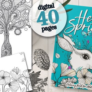 Hello Spring Coloring Book for Adults printable - Spring coloring pages digital - Spring Coloring Book digital - Bunnies, Flowers Digital