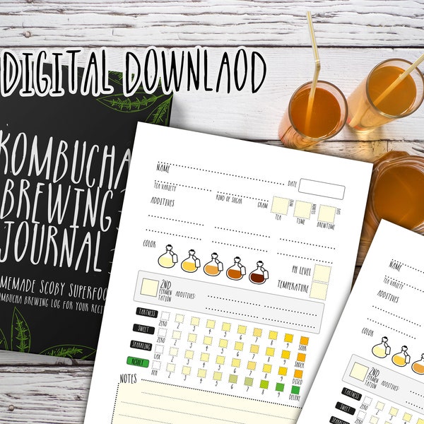 Kombucha Brewing Journal - home brewing log - fermentation scoby book || review own kombucha teas | 6"x9" | full colored | Digital Download