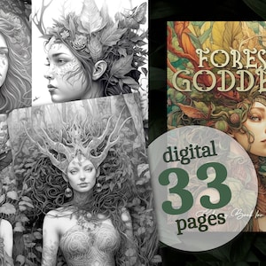 Forest Goddess Coloring Book for Adults printable  |  Goddess Coloring pages | Printable Adult Coloring Pages Forest | grayscale digital