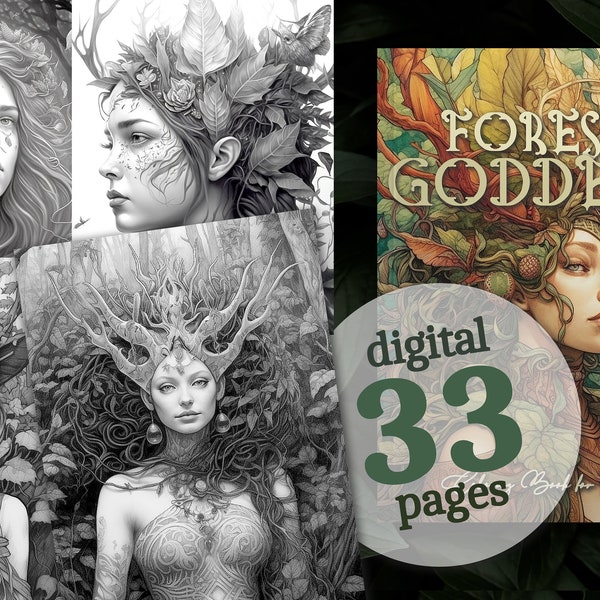 Malbuch „Waldgöttin“ für Erwachsene zum Ausdrucken | Ausmalbilder Göttin | Ausmalbilder Wald zum Ausdrucken für Erwachsene | Graustufen digital