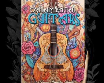 Ornamental Guitars Coloring Book for Adults grayscale Guitars Coloring Book | E-Guitars Western Guitars Coloring  | coloring book  |A4|64P