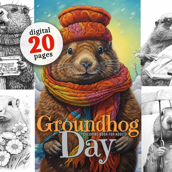 Groundhog Day Coloring Book printable grayscale Groundhog Coloring pages digital |funny groundhogs in all weather animals download grayscale