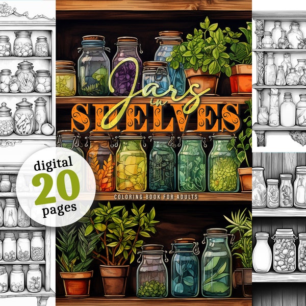 Jars in Shelves Coloring Book printable Shelf Coloring pages digital | Grayscale Jars Coloring canning food coloring | food coloring pages
