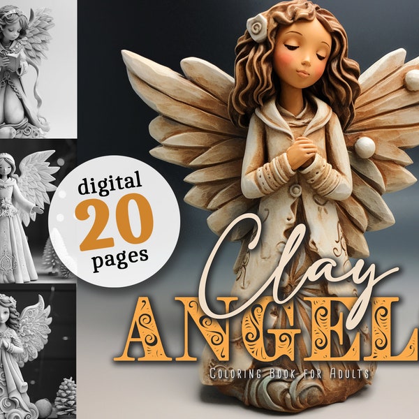 Clay Christmas Angels Coloring Book printable grayscale Angels Coloring pages | angel coloring pages digital grayscale clay angels download