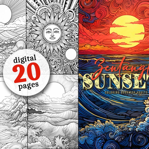 Zentangle Sunsets Coloring Book printable landscapes zentangle coloring pages - sunsets over landscapes, mountains and oceans   | A4 |