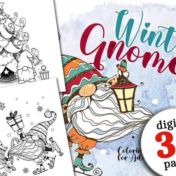 Christmas Gnomes Coloring Book for Adults printable  -Christmas Coloring Book digital | winter gnomes | Gnomes Coloring Pages printable