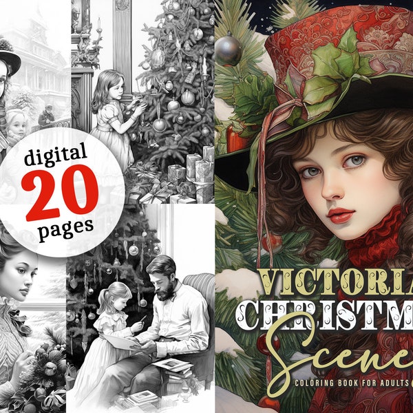 Victorian Christmas Scenes Coloring printable | Victorian Coloring Pages digital | Victorian Christmas Coloring pages download Victorian