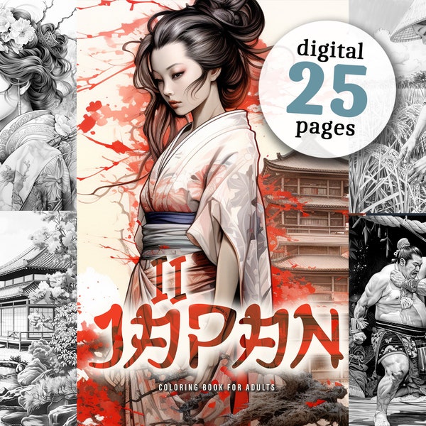 Japan Grayscale Coloring Book Vol.2 printable grayscale Japanese Coloring pages digital | Geisha Coloring Ninja Samurai Grayscale download